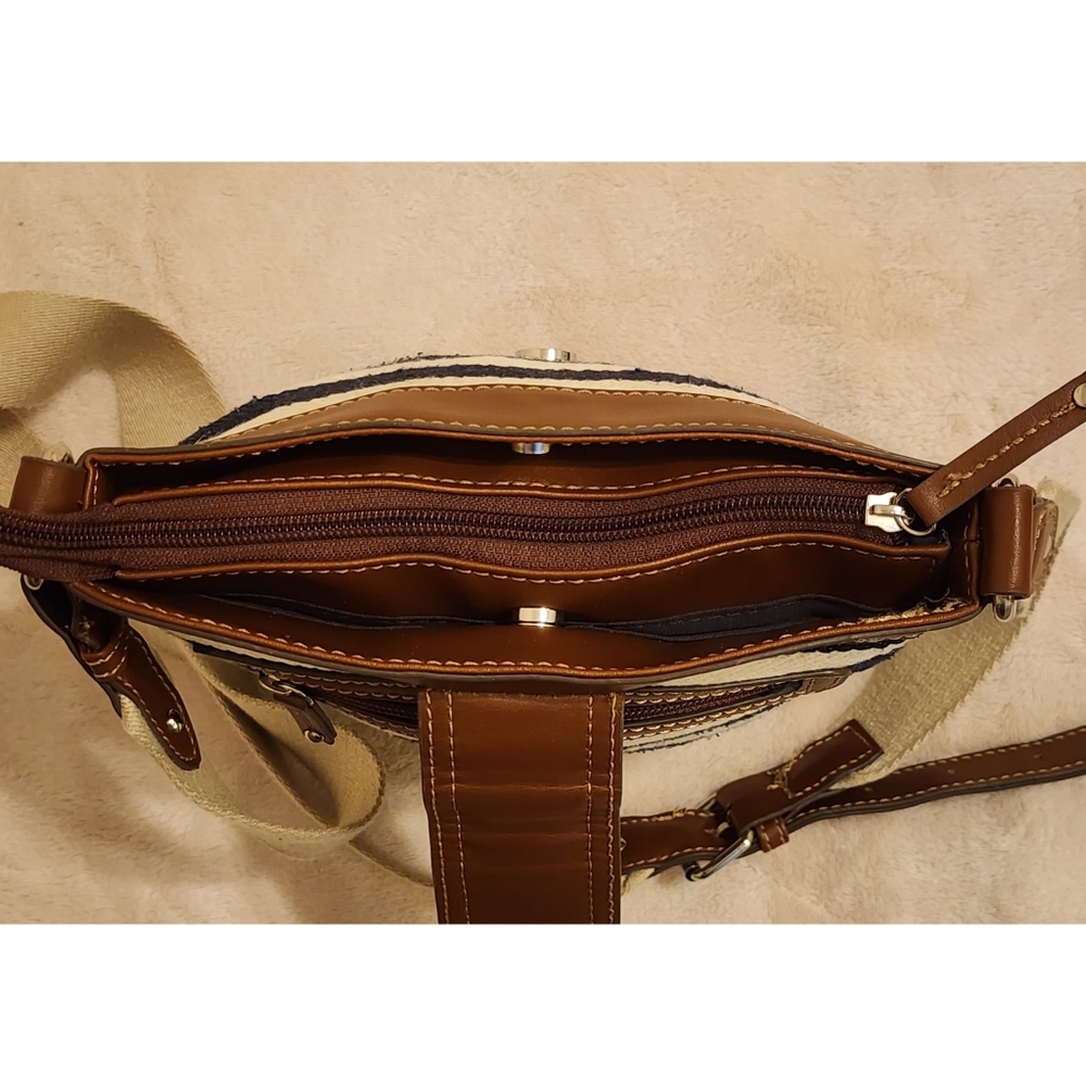 Chaps Crossbody Bag Navy & Cream Stripes W/ Brown Vegan Leather Trim - Picture 11 of 15